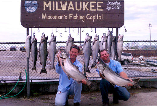 Milwaukee Wisconsin's Fishing Capital Captains Kurt and Willy with Huge Salmon